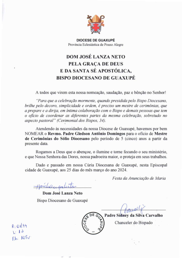Design sem nome 84 - Diocese de Guaxupé Dom José Lanza nomeia o Revmo. Padre Gledson A. Domingos como Mestre de Cerimônias do Sólio Diocesano