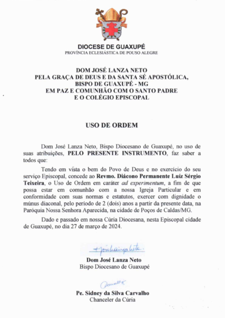 Design sem nome 85 - Diocese de Guaxupé Dom José Lanza concede ao Diácono Permanente Luiz Sérgio Teixeira o Uso de Ordem
