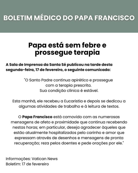 479896381 18110021455465843 6000240097536920225 n - Diocese de Guaxupé Boletim de saúde do Papa Francisco