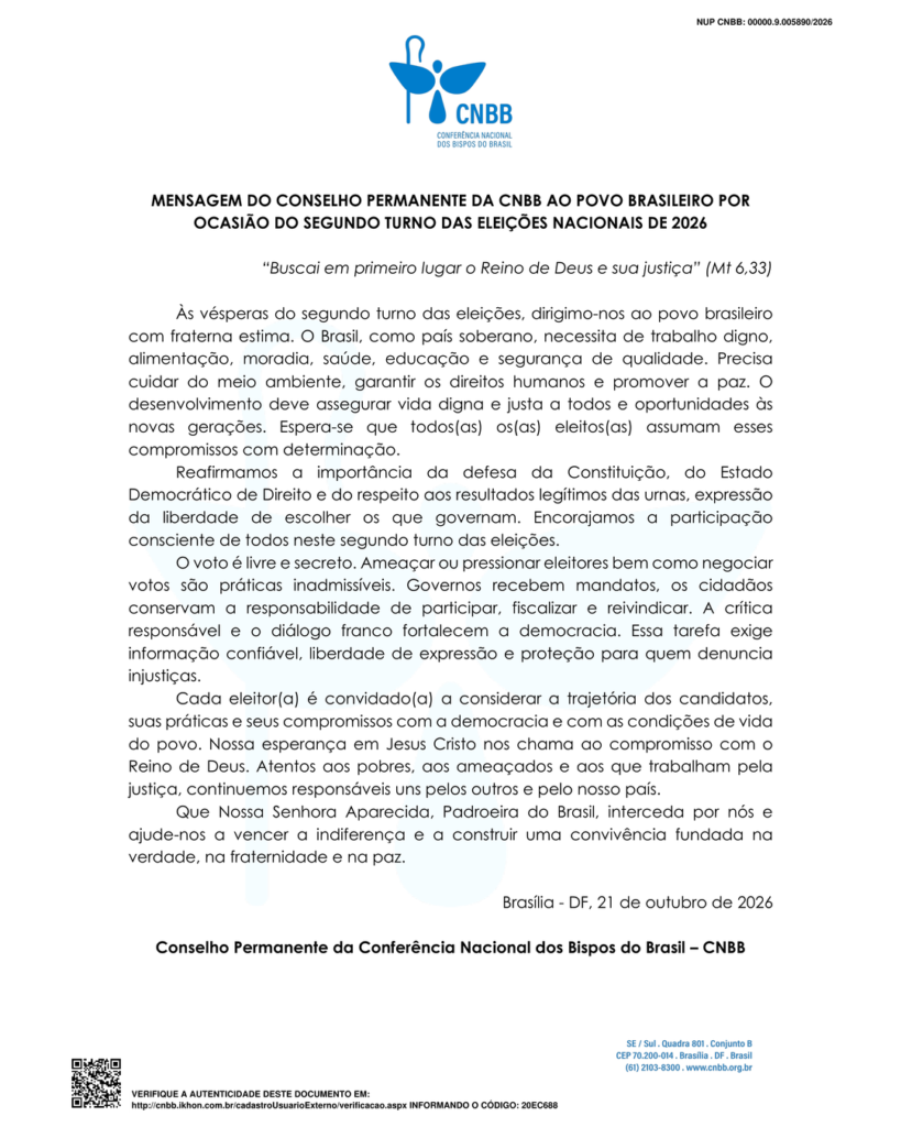 CNBB divulga mensagem ao povo brasileiro por ocasião do segundo turno das eleições de 2026 1 - Diocese de Guaxupé mensagem cnbb feed 4x5 - Diocese de Guaxupé CNBB divulga mensagem ao povo brasileiro por ocasião do segundo turno das eleições de 2026